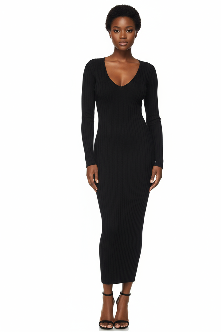 Ribbed Knit V-Neck Bodycon Midi Dress