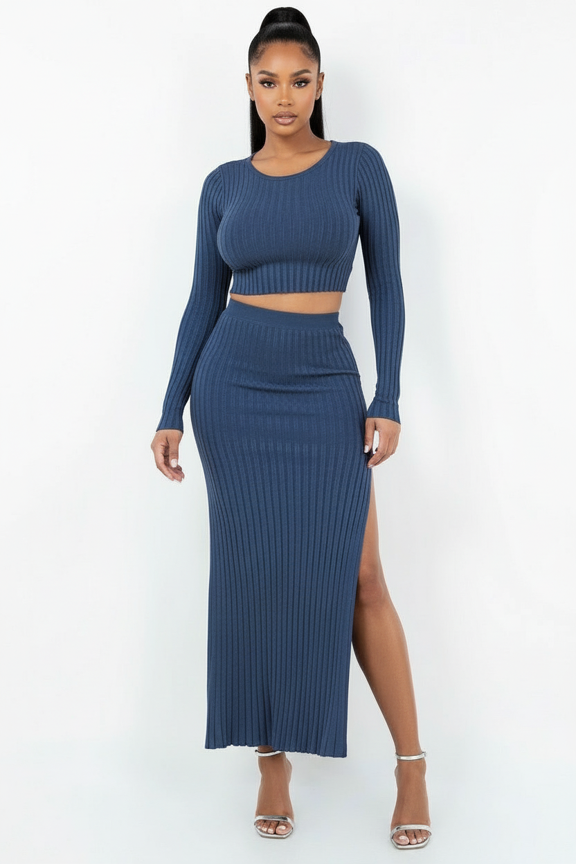 Navy Ribbed Skirt Set