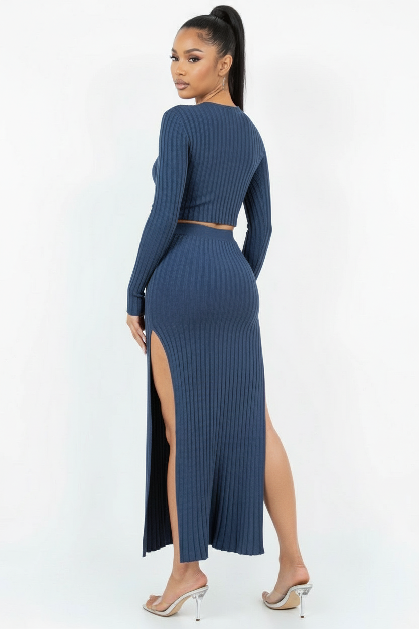 Navy Ribbed Skirt Set