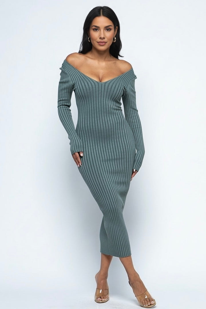 Ribbed Knit V-Neck Bodycon Midi Dress