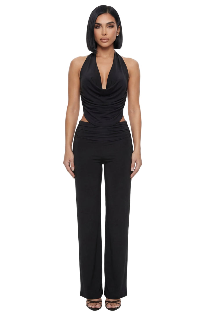 Black Cowl Neck Halter Top & Wide Leg Pants Set