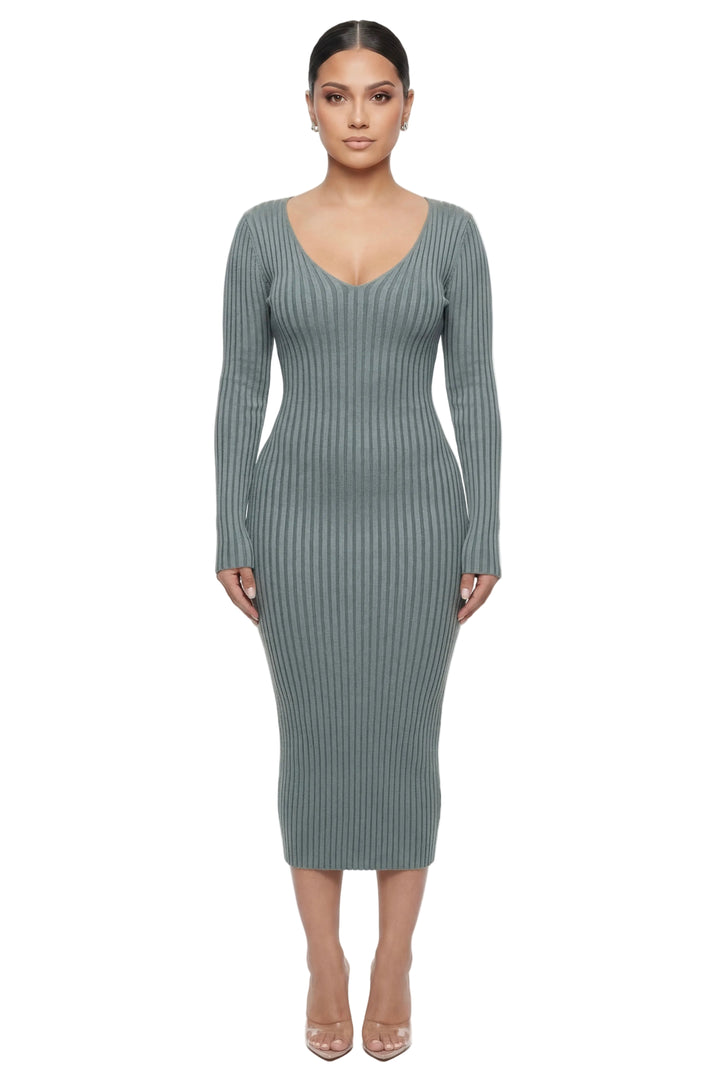 Ribbed Knit V-Neck Bodycon Midi Dress