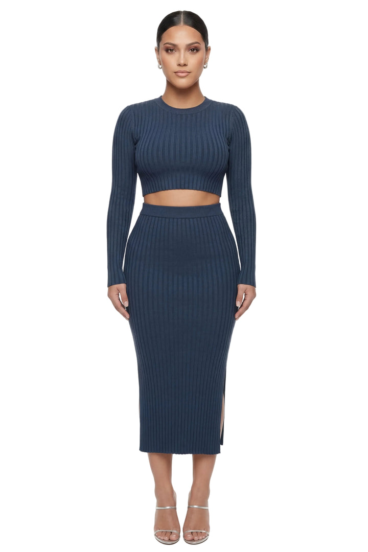 Navy Ribbed Skirt Set