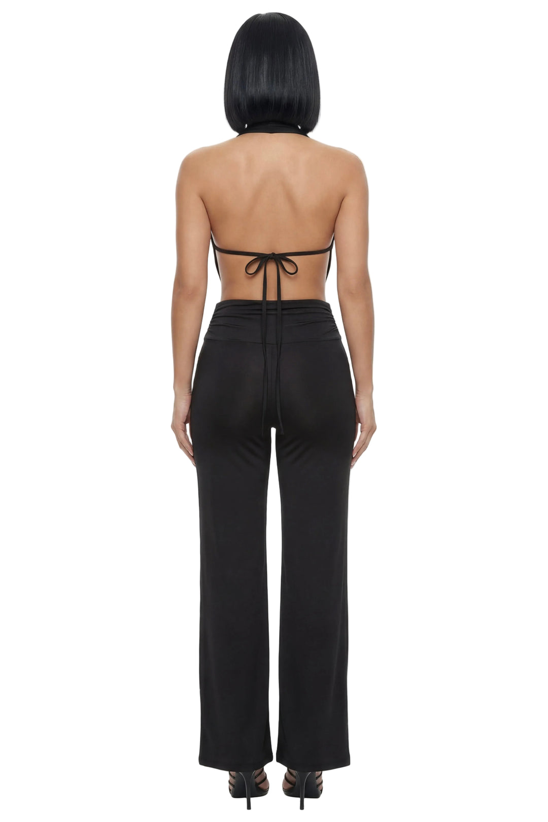 Black Cowl Neck Halter Top & Wide Leg Pants Set