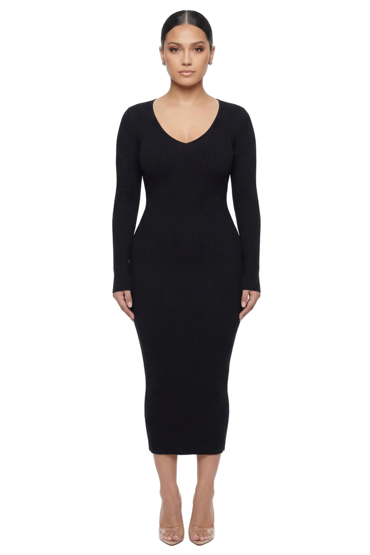 Ribbed Knit V-Neck Bodycon Midi Dress